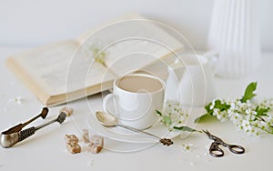 Vase with White Flowers Bird Cherry Tree, Morning, Cup with Coffee, Old Book