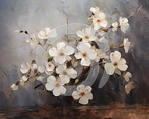 A Vase of White Flowers on a Table with a Cherry Blossom: Soft