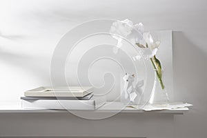 A vase with whiteiris, pieces of paper