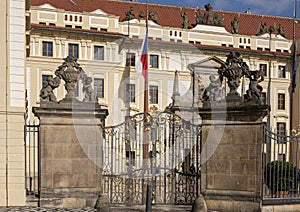 Vases atop columns at the side entrance gate to the Prague Castle, Czech Republic