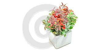 Vases of flowers, Artificial orange and green flower bouquet with white vase isolated on white background. Copy space