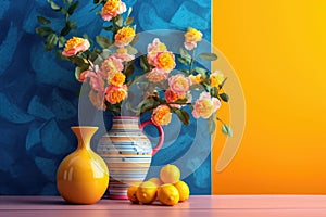 Vases with flowers and lemons on blue and yellow background. Still life with flowers. Generative AI