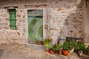 Vases with flowers near the old door