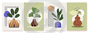 Vases posters templates. Abstract trendy geometric shapes, pots and plants. Contemporary covers with leaves in racy