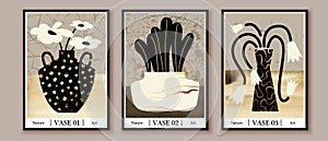 Vases, pots with plants. Golden abstract shapes, decorative elements. Modern contemporary art set. Wall art design.