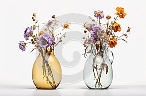 Vases with wilted flowers on white background