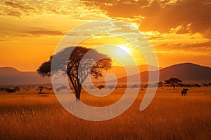 A vast African savanna bathed in warm sunset hues, stretching toward the horizon in a serene, open landscape photo