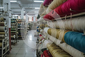 Textile factory thread spools on production floor