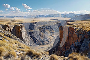 Vast Canyon Landscape with Rugged Cliffs and Golden Prairie Under a Clear Blue Sky