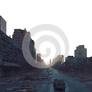 A vast cityscape skyline. Post apocalypse ruins. Post war town. Destroyed highway crossing city. Sunset. PNG file
