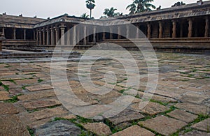 The vast complex of Airavatesvara Temple located in Darasuram town in Kumbakonam, India. Focus set of the foregroud floor