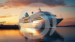 a vast cruise vessel moored under a dusk sky