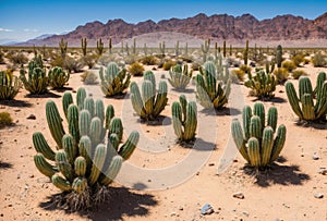 A vast desert expanse with parched cracked ground, where sturdy cacti thrive amidst the unforgiving heat of the sun