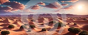 A vast desert expanse with rolling dunes under a sunny sky. Generative AI