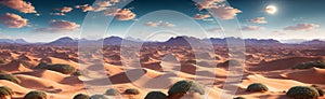 A vast desert expanse with rolling dunes under a sunny sky. Generative AI