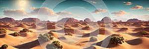 A vast desert expanse with rolling dunes under a sunny sky. Generative AI