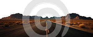 vast desert highway. transparent PNG background. Vast New Mexico highway on a desert landscape with mountains a far.