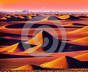 A vast desert landscape with sand dunes stretching as far as the eye can see.