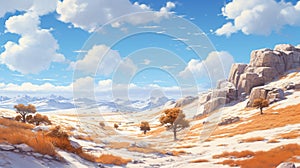 Vast Desert Landscape With Snow Flurries - Studio Ghibli Style