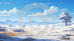 Vast Desert Landscape With Snow Flurries - Studio Ghibli Style