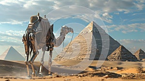 In the vast desert a robot camel and tour guide uncover the secrets of ancient pyramids blending history with future tech photo