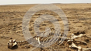 A vast dry plain dotted with skeletal remains of animals evidence of the harsh conditions that have ravaged the land