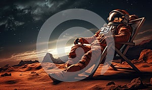 In the vast emptiness of Mars, the astronaut takes a moment to relax in a beach chair