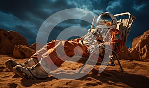 In the vast emptiness of Mars, the astronaut takes a moment to relax in a beach chair