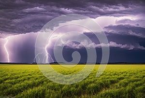 In the vast expanse of the countryside, a dramatic lightning storm brews, its tumultuous clouds unleashing torrents of