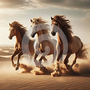 Three wild horses running through desert landscape