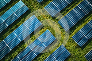 A vast expanse of solar panels installed in rows, harnessing renewable energy from the sun in an open field, A gleaming solar