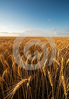 A vast field of golden wheat (Triticum aestivum) stretches to the horizon under a clear photo