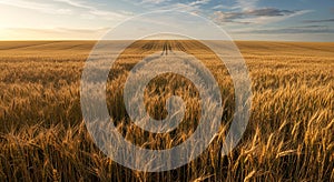 Vast field of golden wheat (Triticum aestivum) stretching into the horizon under a photo
