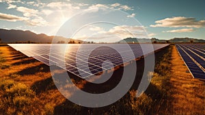 A vast field of solar panels glistening under the sun, depicting the harnessing of solar energy for sustainable power generation