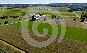 Vast Fields and a Farmstead Under Bright Sunlight in Rural Area With Patches of Crops and Trees photo