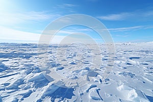 Vast frozen tundra at midday. Empty clear horizon. Plain after a snowstorm. Winter landscape