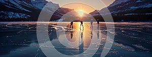 On a vast glacial lake illuminated by the setting sun, four back lit long blade skaters are lined up to skate on the lake, photo