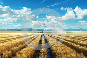 Vast golden wheat field with an irrigation system and fluffy clouds in a picturesque farmland