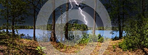 A vast gorgeous blue lake surrounded by lush green trees, grass and plants with powerful storm clouds and lightning