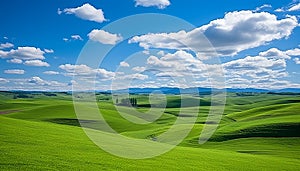 Vast green fields under serene blue sky with fluffy clouds, a tranquil scene of beauty