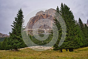 Vast landscape and the Dolomite Mountains in Italy on a cloudy day