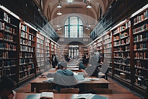 A vast library packed with numerous books on shelves, with students browsing and studying, A quiet library with rows of