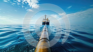 A vast oceanic pipeline leads to a distant ship, capturing the essence of maritime engineering. Undersea internet cables