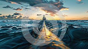 A vast oceanic pipeline leads to a distant ship, capturing the essence of maritime engineering. Undersea internet cables