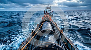 A vast oceanic pipeline leads to a distant ship, capturing the essence of maritime engineering. Undersea internet cables