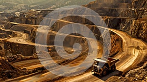 Vast Open Pit Mine with Haul Truck in Action, Industrial Mining Landscape. Earth Extraction Site Captured in Warm Light