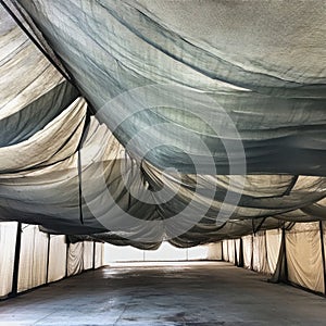 Tarps arranged in a spacious open area creating a unique and raw ambiance during daylight photo