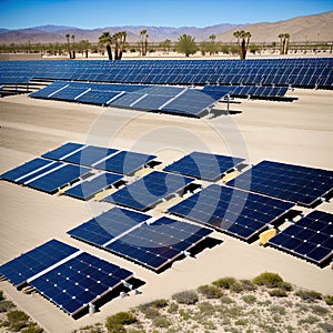 Vast outdoor solar panel farm in a desert.