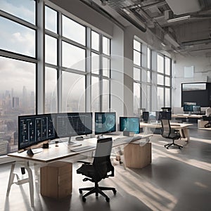 A vast, photorealistic workspace with multiple monitors displaying complex data visualizations, bathed in soft, nat