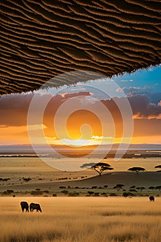 The vast plains of the Serengeti National Park in Tanzania, wildlife, savanna, golden sunset, tree, orange sky, panoramic